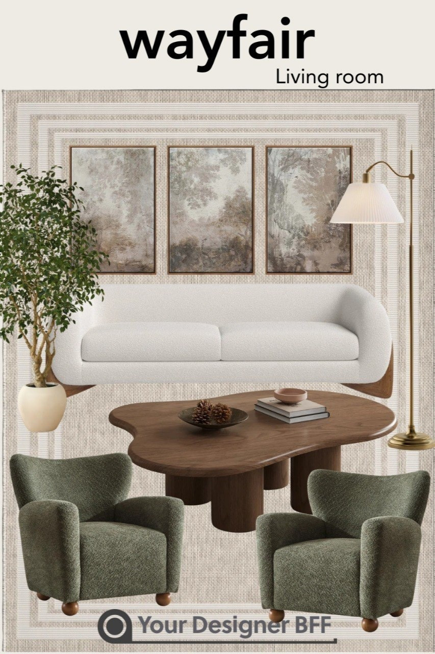 Create a warm and inviting living room with a soft, modern-organic aesthetic. This curated look features a sculptural cream sofa paired with rich wood tones and cozy textures for a perfectly balanced space. A unique, organically shaped coffee table anchors the room, while plush green accent chairs add depth and a touch of earthy color.Layered neutral wall detailing and a trio of abstract landscape prints bring subtle visual interest without overwhelming the space. A sleek brass floor lamp adds a hint of elegance, and natural elements like a leafy indoor tree and decorative accents complete the look.Perfect for those who love a calm, elevated atmosphere with a blend of modern design and timeless comfort.#wayfair 

#LTKHome