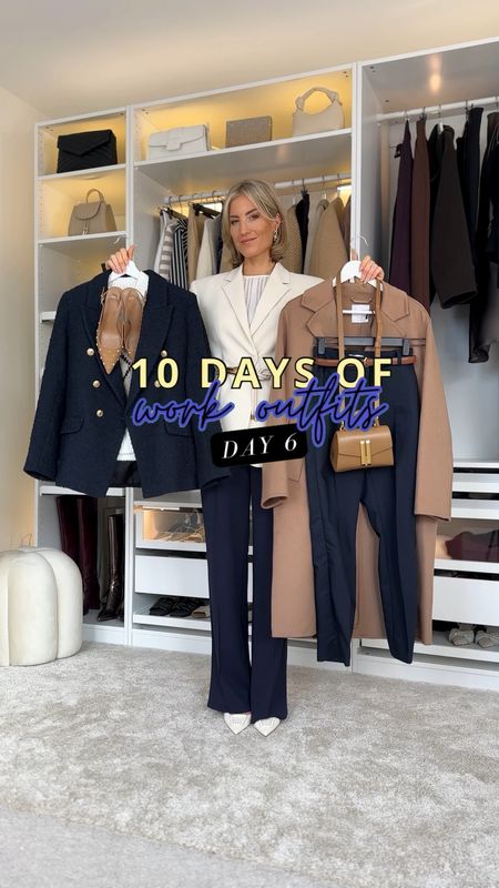 Day 6 with another classic work outfit 👩🏼‍💻 Wearing the jumper in s, coat in xs, blazer (comes with belt) in s, wide leg trousers in xs, cigarette trousers in 32, double breasted blazer in s, see-through top in xs

Read the size guide/size reviews to pick the right size.

Leave a 🖤 to favorite this post and come back later to shop

Workwear, office outfit, camel coat, wide leg trousers, navy trousers, navy blazer

#LTKworkwear #LTKVideo #LTKstyletip