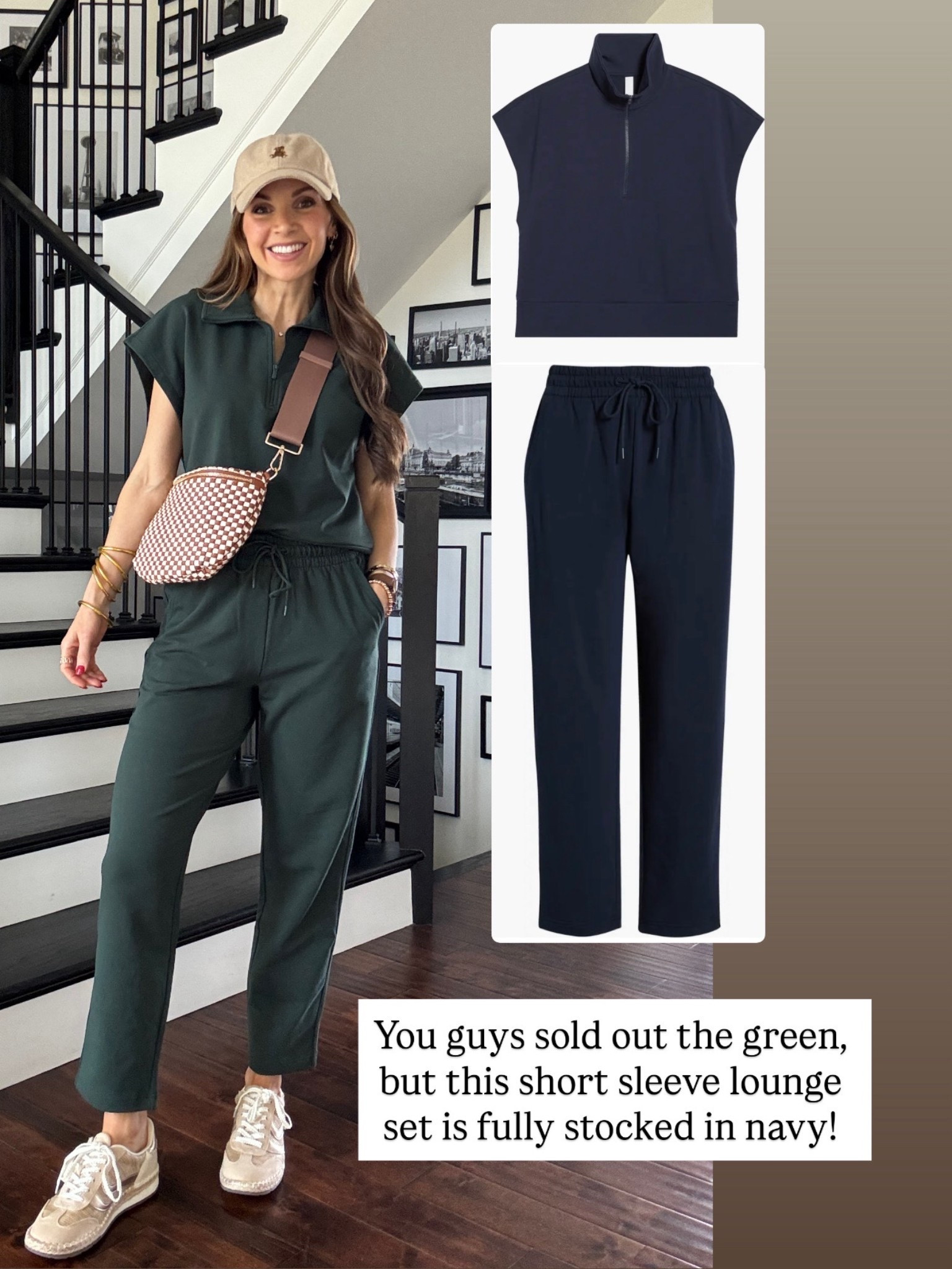 Our favorite short sleeve lounge set is in stock in navy! I’m in a small in top and bottom 