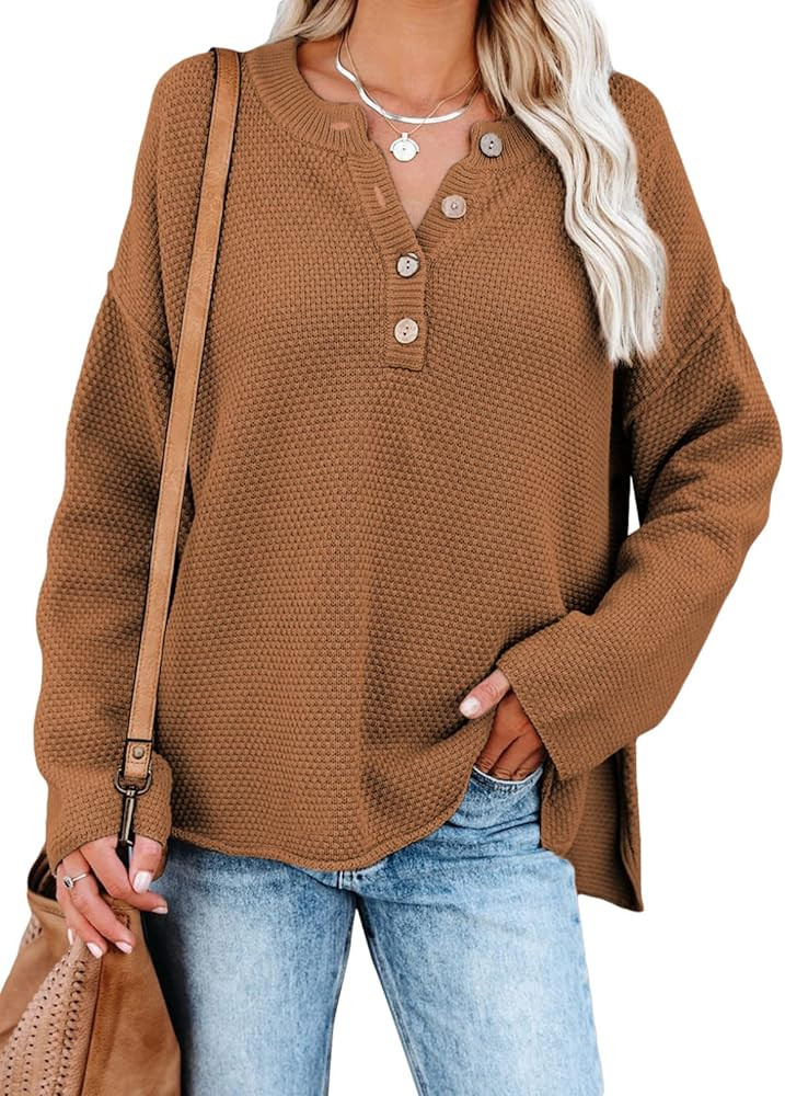 SHEWIN Women's Waffle Knit V Neck Sweater Casual Long Sleeve Side Slit Button Henley Pullover Jumper | Amazon (US)