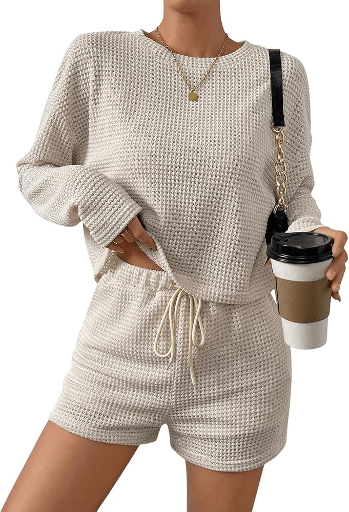Verdusa Women's 2 Piece Waffle Knit Lounge Wear Pajama Sets Long Sleeve Top Short Sets | Amazon (US)