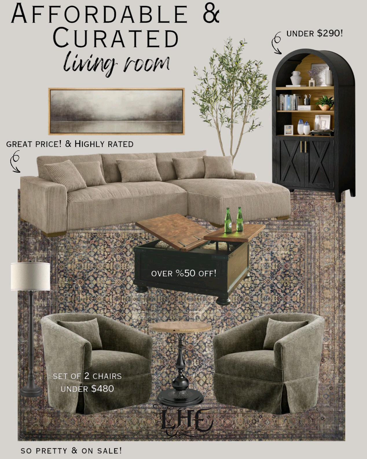 Affordable and curated living room! Shop by clicking the thumbnails below 👇, living room furniture, living room inspo, living room, couch, affordable couch, affordable living room furniture, coffee table, arched cabinet, arched bookshelf, vintage rug, area rug, farmhouse rug, lift top coffee table, accent chairs, set of 2 accent chairs, olive tree, floor lamp, accent table, wall art, modern farmhouse living room, farmhouse living room 

