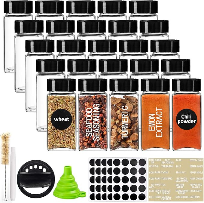 CUCUMI 25pcs 4oz Glass Spice Jars Square Glass Bottles Spice Containers with Black Caps, 203pcs W... | Amazon (US)