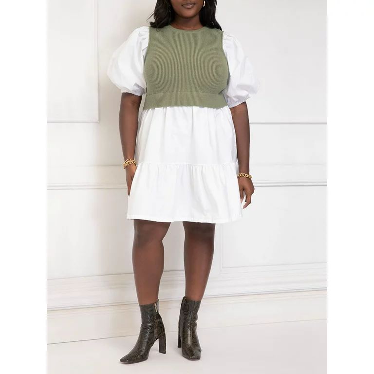 ELOQUII Elements Women's Plus Layered Look Poplin Dress with Sweater - Walmart.com | Walmart (US)