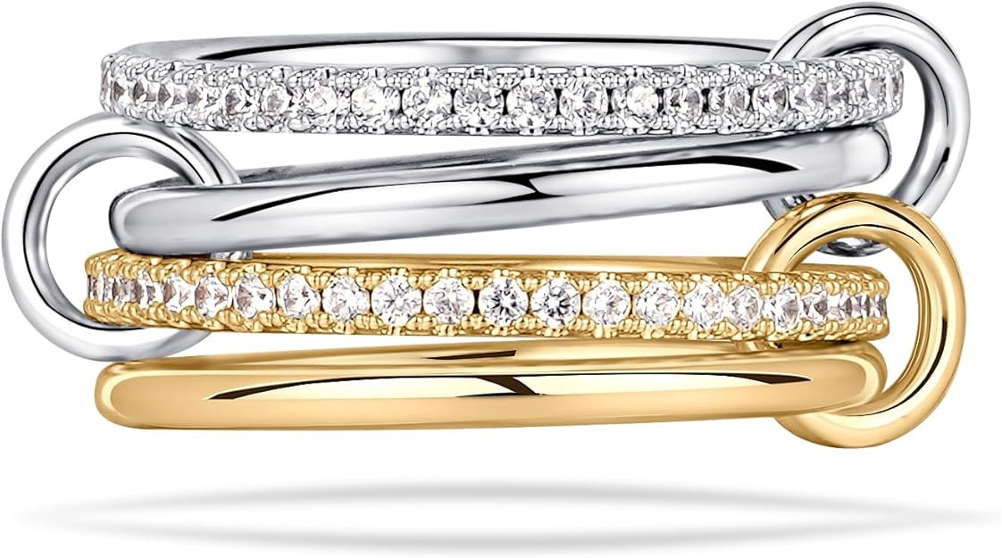 NOKMIT 14K Gold Plated 4 Interlocking Stackable Rings Set with CZ Cubic Zirconia Gold & Silver Mi... | Amazon (US)