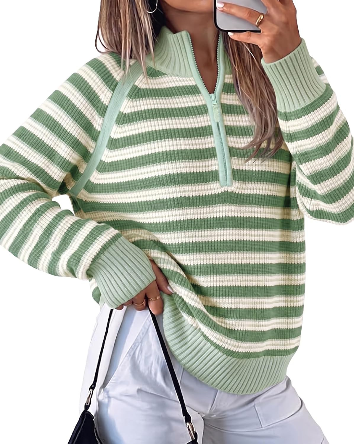 Fisoew Sweaters for Women Half Zip Striped Pullover Ribbed Knit Tops | Amazon (US)