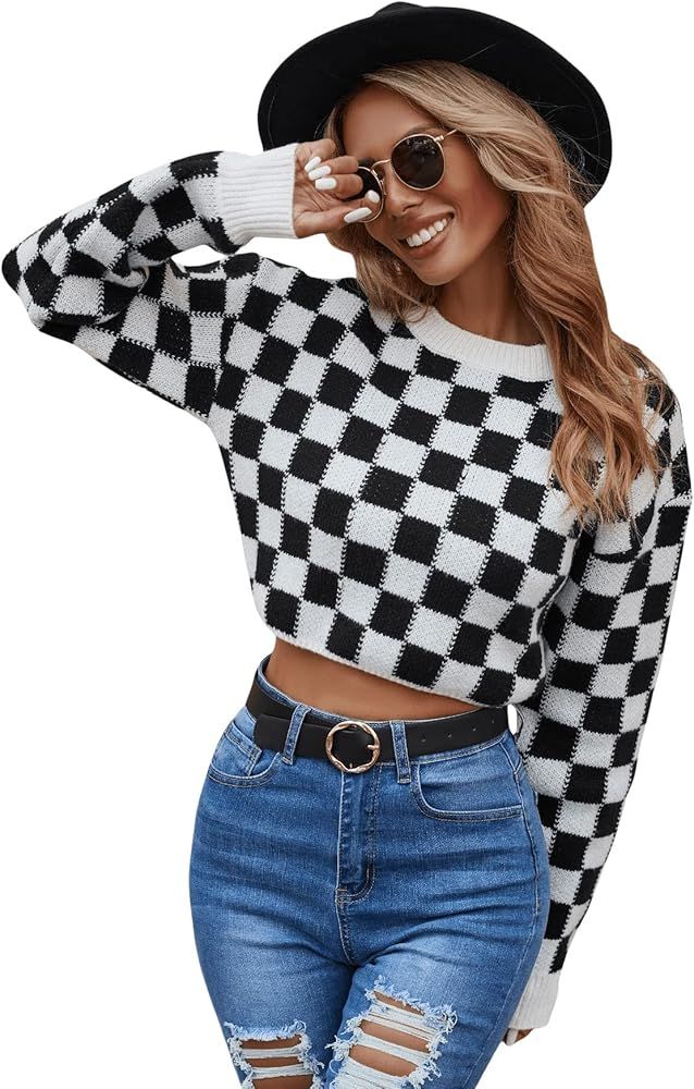 SweatyRocks Women's Long Sleeve Drop Shoulder Top Checkered Print Pattern Pullover Crop Sweater | Amazon (US)