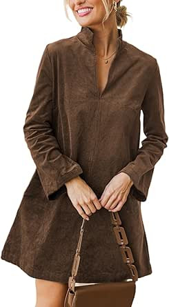 Women Corduroy Dress V Neck Long Sleeve Casual Vintage Retro A Line Mini Dresses | Amazon (US)