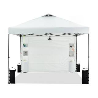 10 ft. x10 ft. Pop-Up Canopy Tent with Sidewall 6 Pockets 1-Push Setup Vented Roof 8 Stakes, 4 Ropes, 4 Sandbags (White) | The Home Depot