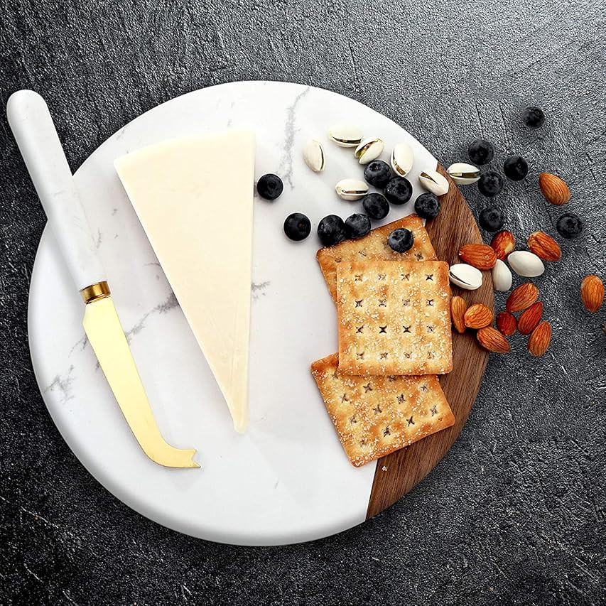 VUDECO White Marble and Acacia Wooden Cheese Board & Knife Set Marble Tray for Meats Breads Charc... | Amazon (US)