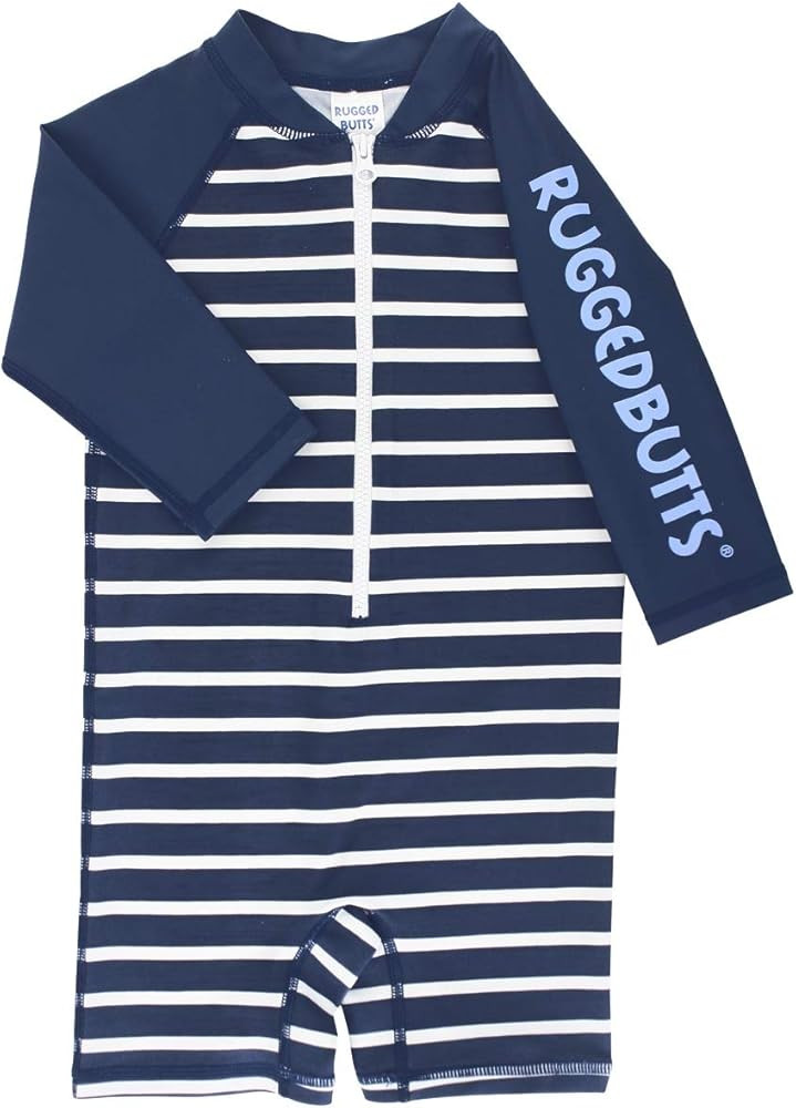 RuggedButts Baby/Toddler Boys Striped One Piece Swimsuit Rash Guard UPF 50+ Sun Protection Romper | Amazon (US)