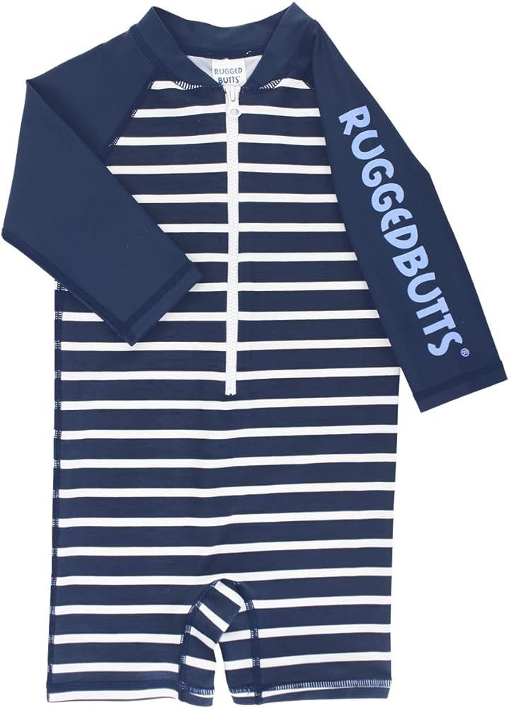 RuggedButts Baby/Toddler Boys Striped One Piece Swimsuit Rash Guard UPF 50+ Sun Protection Romper | Amazon (US)