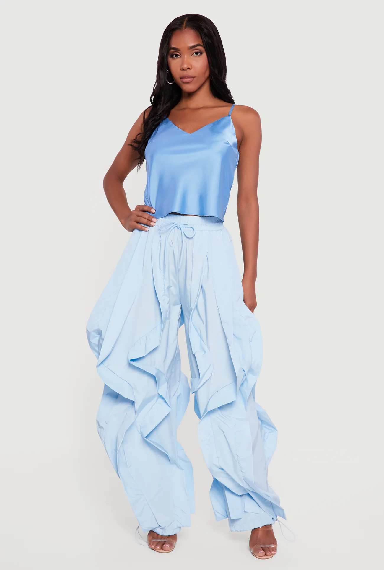 Drawstring Waist Ruffle Parachute Pants | Rainbow Shops