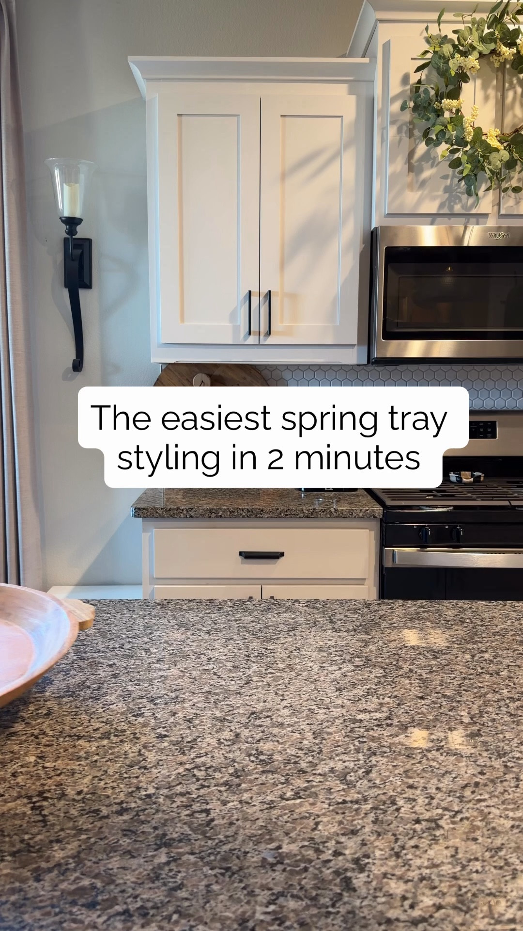 Spring tray styling with faux flower stems, hydrangeas, marble bowl, candle sticks , vases, faux fruit 