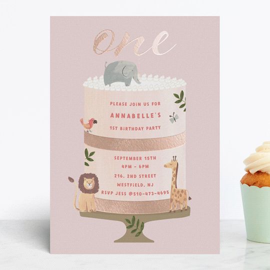 "Safari Cake" - Customizable Foil-pressed Children's Birthday Party Invitations in Beige by Teju ... | Minted