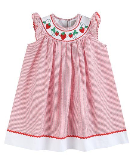 Lil Cactus Red & White Stripe Strawberry Appliqué Smocked Bishop Dress - Infant, Toddler & Girls | Zulily