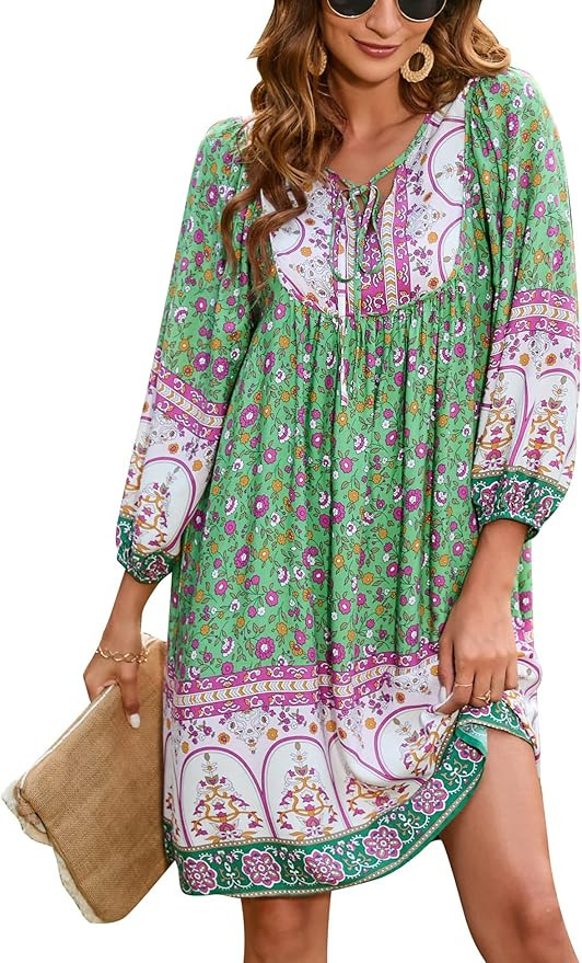 Bluetime Women Casual Summer Dress Boho V Neck 3/4 Sleeve Short Babydoll Floral Print Flowy Beach... | Amazon (US)