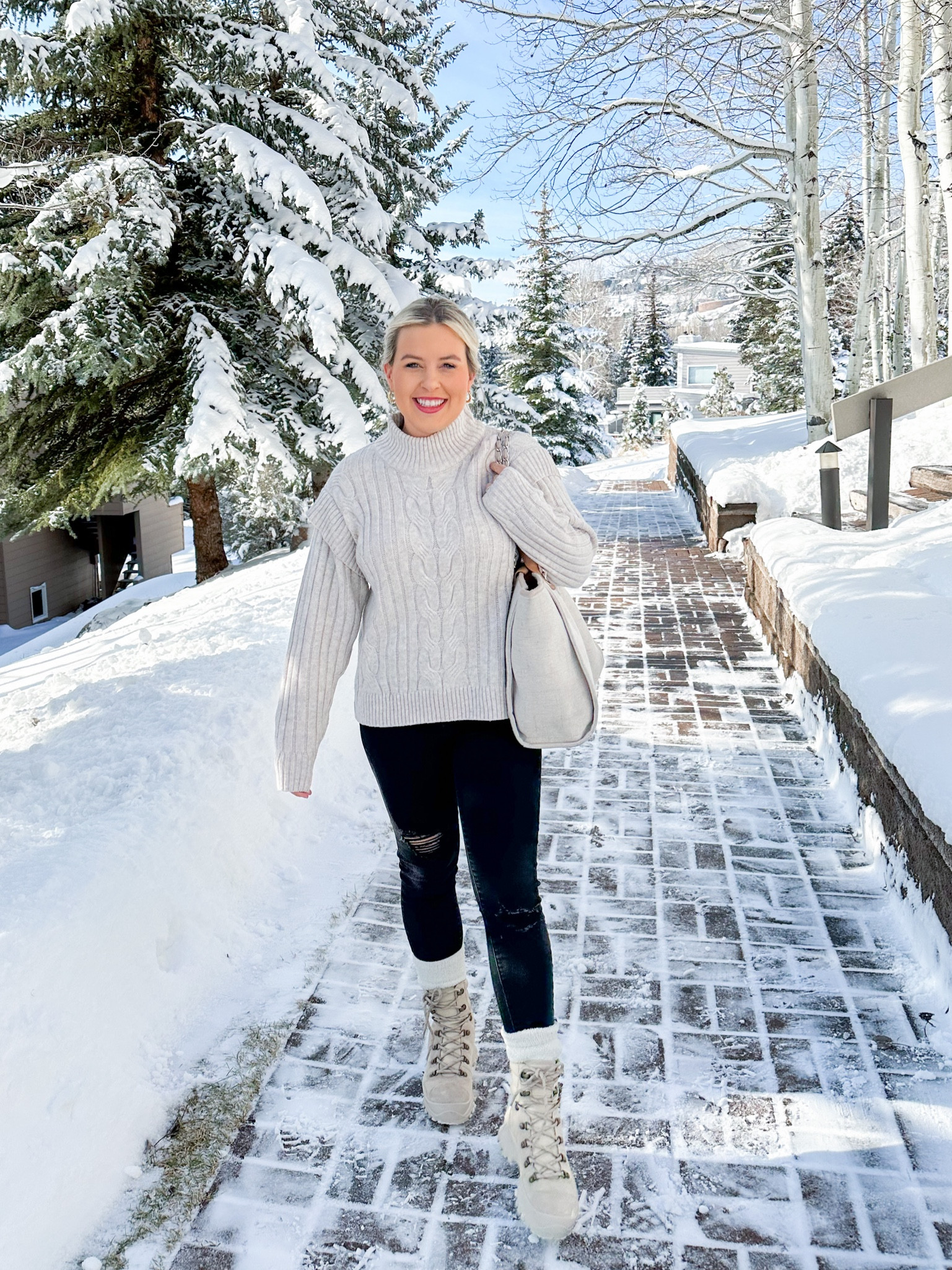 Tan Walmart turtleneck sweater super soft and true to size. Wearing size small. Black skinny jeans-linked similar from Abercrombie. Tan waterproof snow boots are so comfortable and warm. #coloradooutfit #winteroutfit #winterstyle #sweateroutfit 

#LTKHoliday #LTKtravel #LTKSeasonal