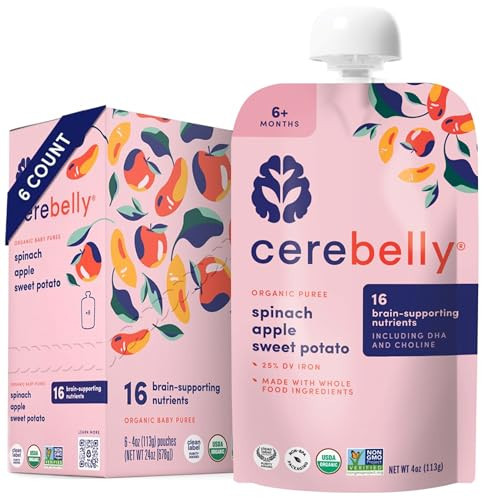 Cerebelly Organic Baby Food Pouches, Spinach Apple Sweet Potato Purees, 16 Nutrients, No Added Sugar, Fiber & Non-GMO, 4oz, 6 Pack | Amazon (US)