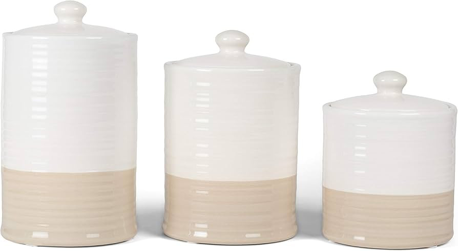 Drew Derose Two-Toned White and Tan 10 x 5.5 inch Ceramic Kitchen Storage Canisters with Lids, Se... | Amazon (US)