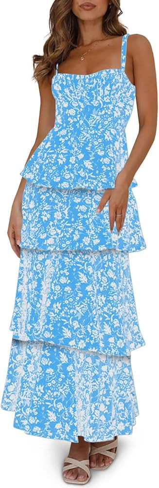 Fisoew Womens Floral Maxi Dresses Spaghetti Strap Casual Sleeveless Ruffle Flowy Tiered Dress | Amazon (US)