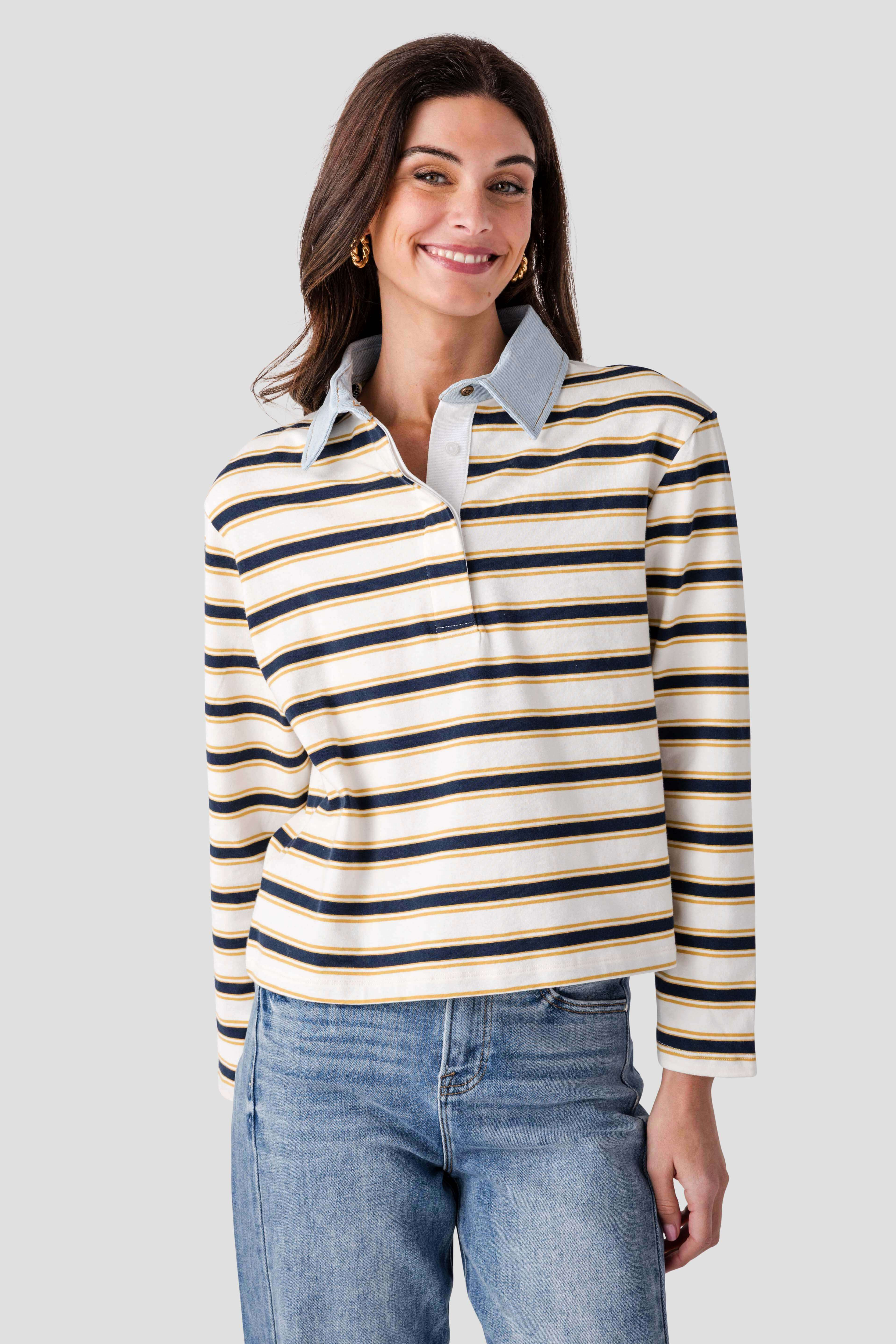 RD Style Nadine Denim Polo Top | Social Threads