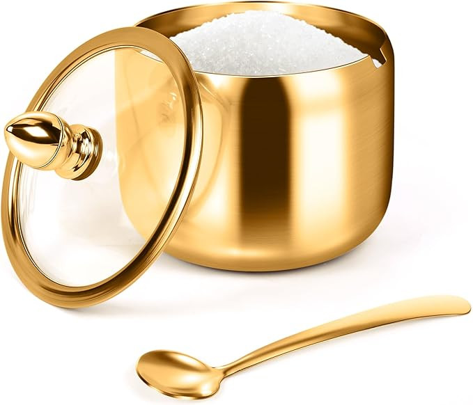 Sugar Container with Glass Lid and Spoon - 10oz Gold Sugar Bowl for Coffee Bar Station Accessorie... | Amazon (US)
