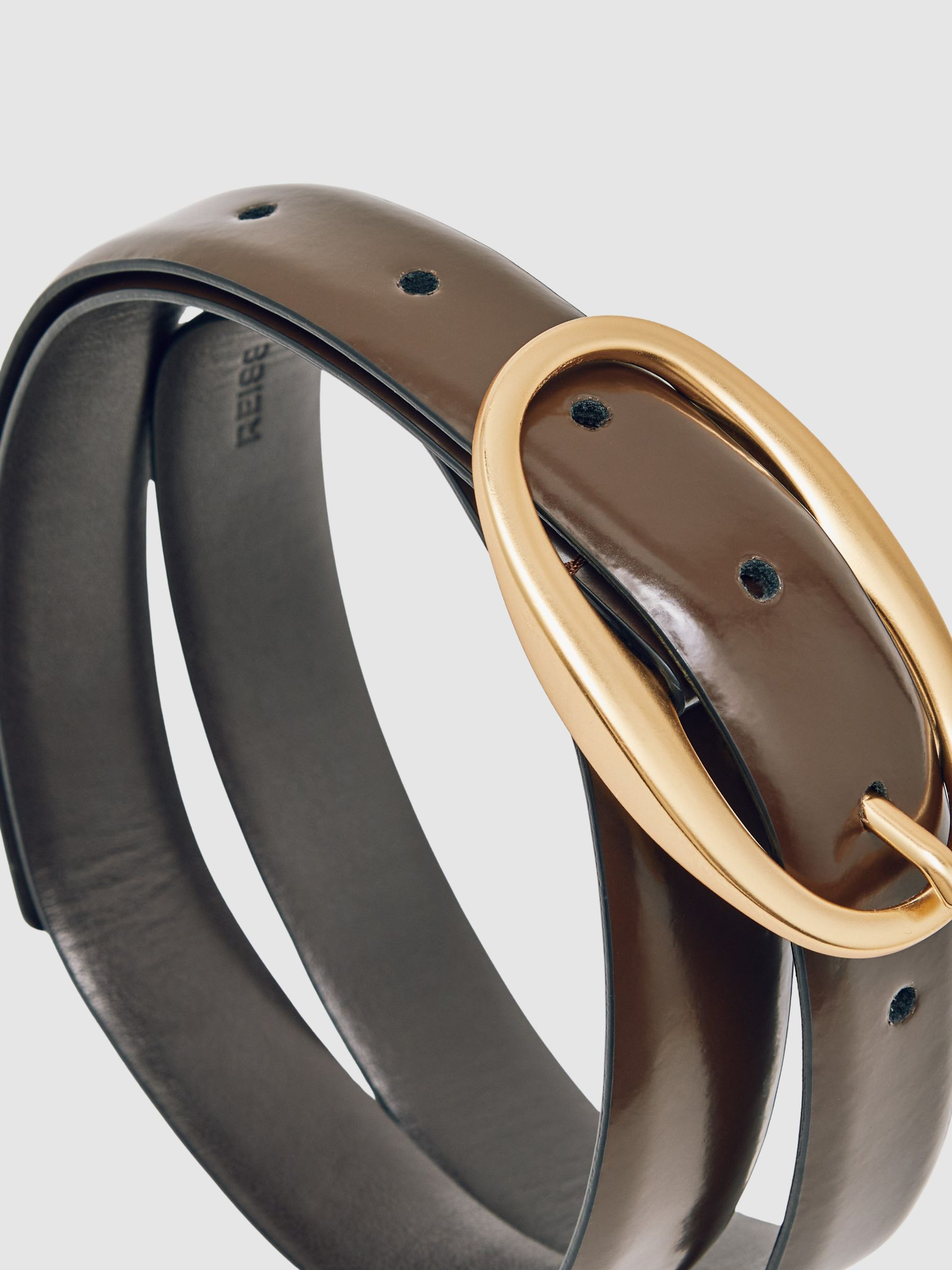 Patent Leather Oval Buckle Belt in Chocolate | Reiss UK