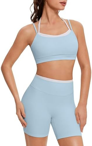 OMKAGI Workout Sets for Women Cute Doubel Layer Open Back Sports Bras Gym Shorts Outfits | Amazon (US)