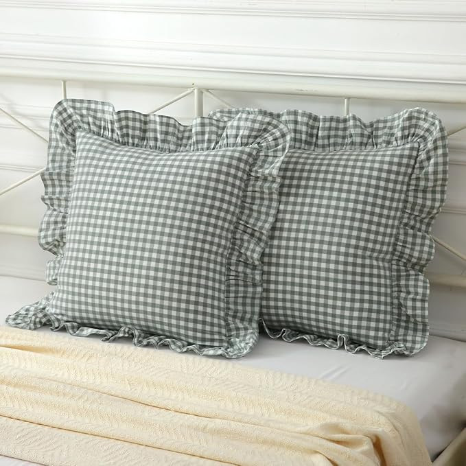 2 Pack Vintage Dusty Green Plaid Ruffle Throw Pillow Covers,Washed Cotton Checkered Gingham Pillo... | Amazon (US)