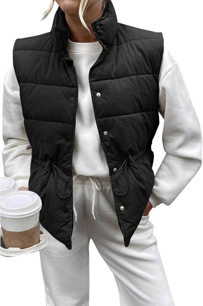 Saodimallsu Womens Puffer Vest Stand Collar Button Down Padded Jacket with Drawstring Waist | Amazon (US)