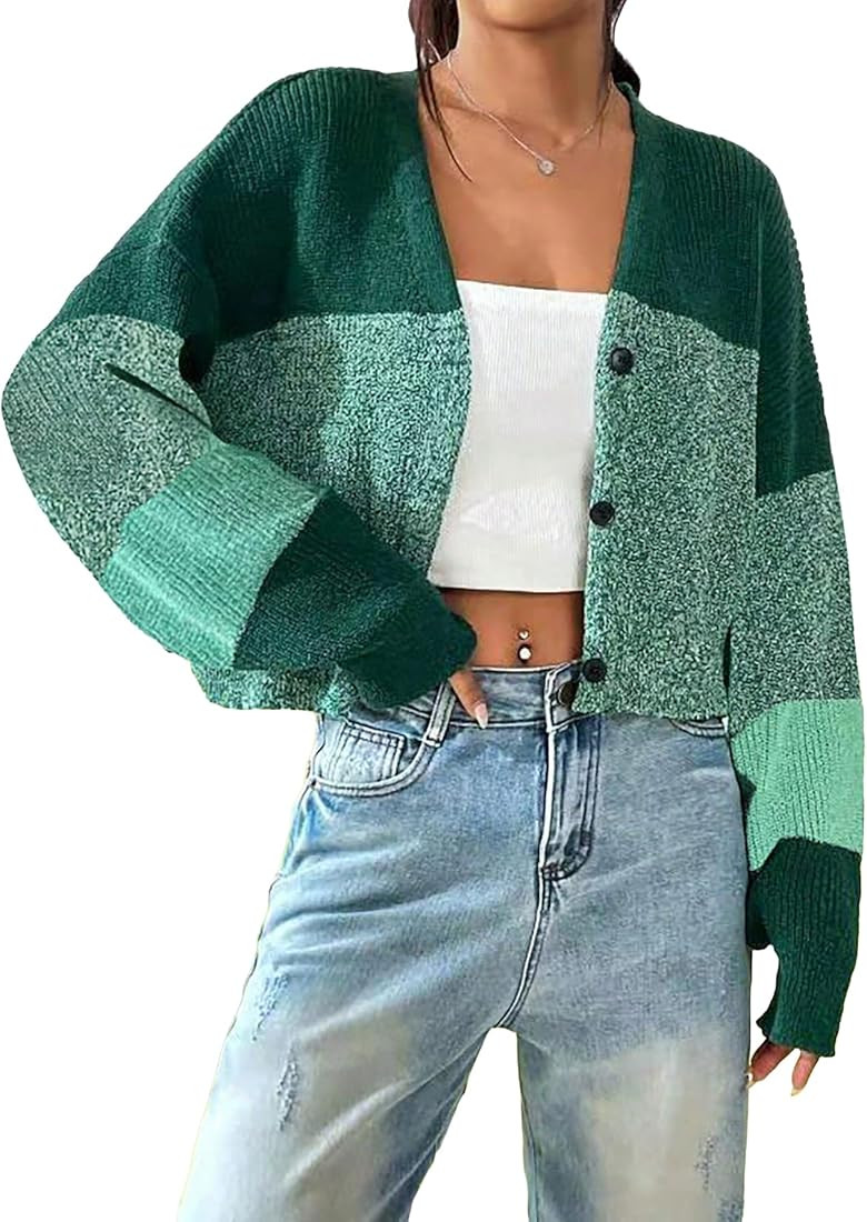 Women's Color Block V Neck Button Front Knit Cardigan Sweater Outerwear | Amazon (US)