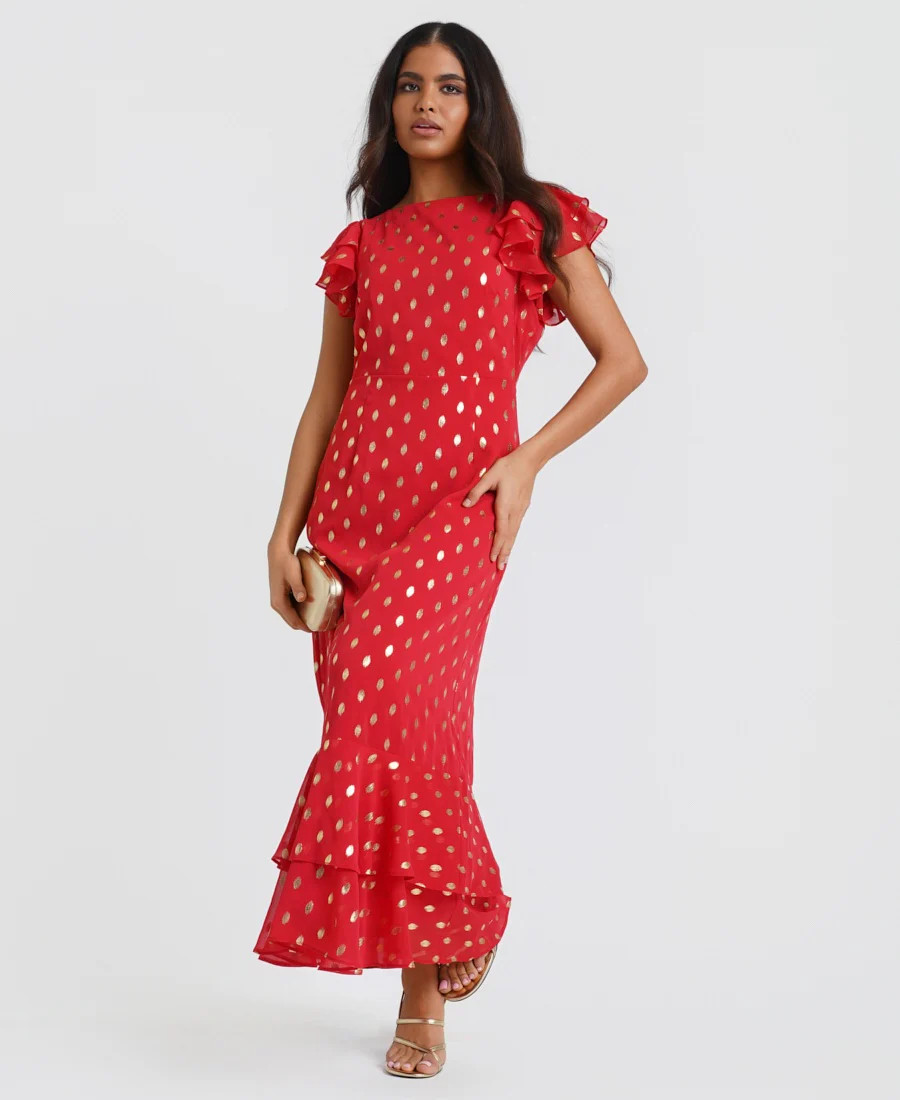 Red Flutter Sleeve Foil Midaxi Dress | Needs No Label