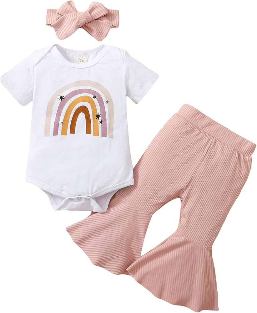 Newborn Infant Baby Girl Clothes Ruffle Sleeve Rainbow Romper Flare Pant Set Summer Outfit 3Pcs | Amazon (US)