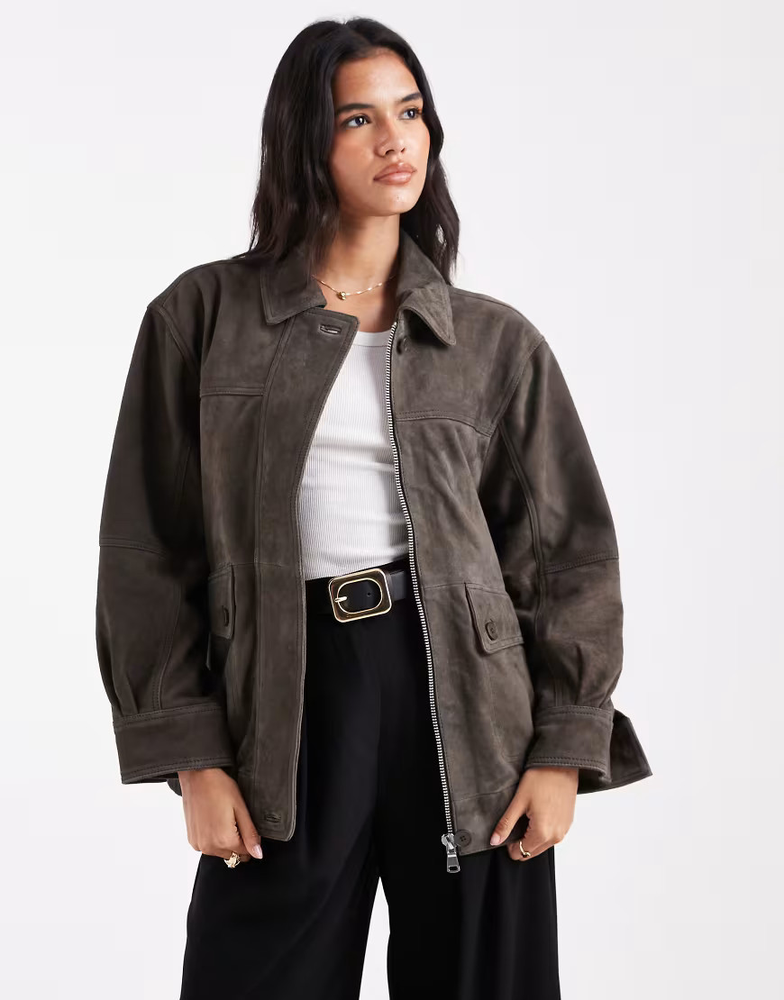 ASOS DESIGN real suede oversized bomber in olive-Green | ASOS (Global)