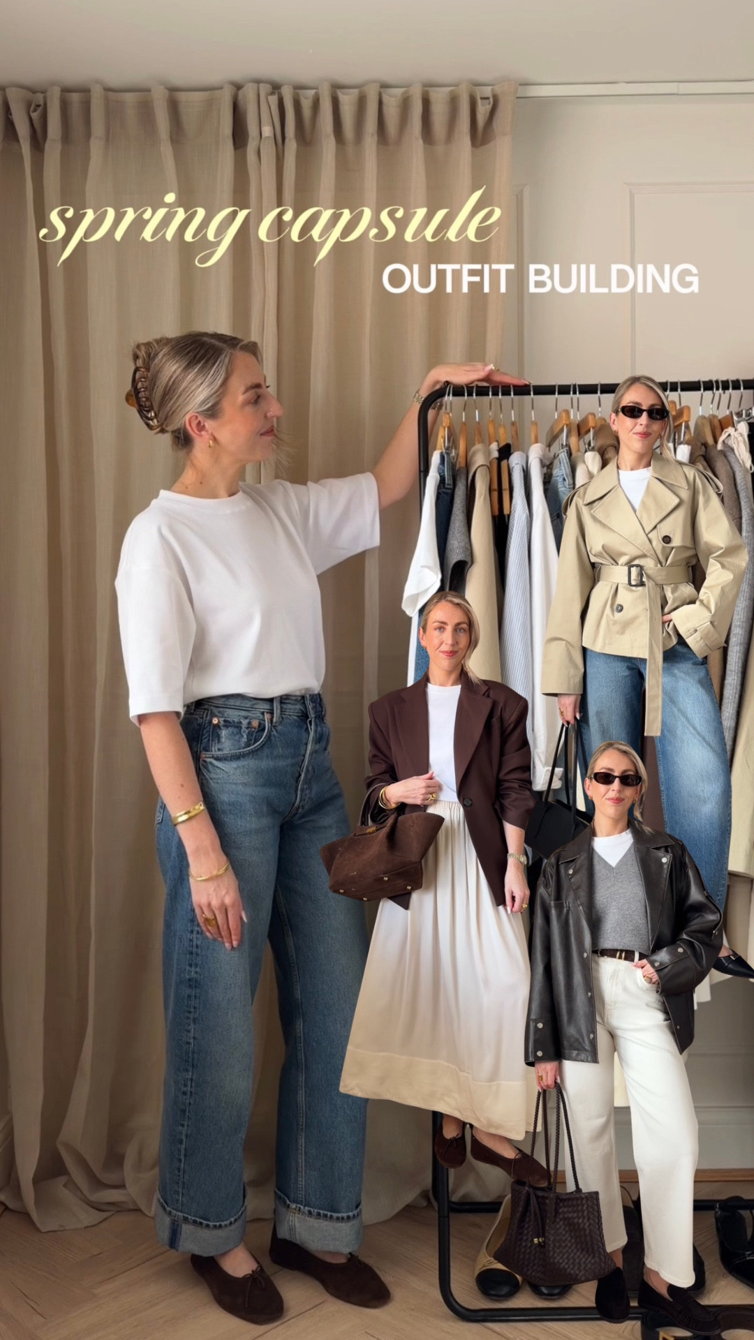 Spring capsule outfit building 📌🤍 

Spring capsule wardrobe, minimal outfits, spring outfits, spring essentials, white T-shirt, barrel leg jeans, trench coat, blazer, white skirt, satin skirt, white trousers, styling tips 

#LTKspring #LTKstyletip #LTKuk