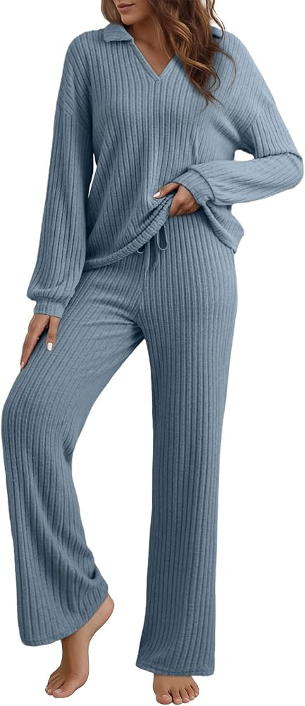 EVALESS Womens Pajama Sets Long Sleeve Sleepwear Matching Drawstring Elastic Pj Pants Ribbed Knit... | Amazon (US)