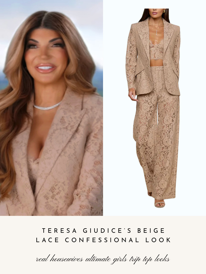 Teresa Giudice's Beige Lace Confessional Look on Real Housewives Ultimate Girls Trop: Roaring 20's 

 