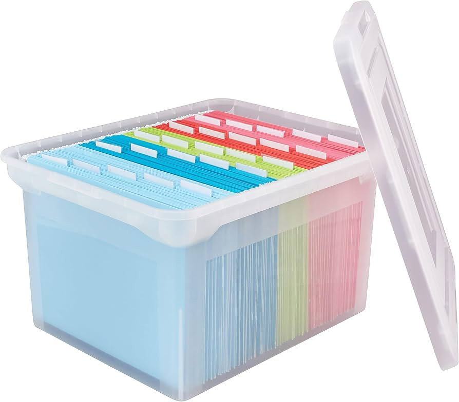 (1 Pack) - Letter and Legal Size Plastic File Tote with Snap Lid and Built-In Handles, Clear, 18"... | Amazon (US)