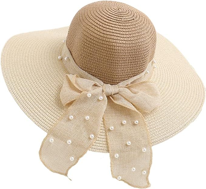 Sun Hats for Women Fashion Pearl Ribbon Floppy Straw Hat Lady Wide Brim Summer Travel Beach Cap U... | Amazon (US)
