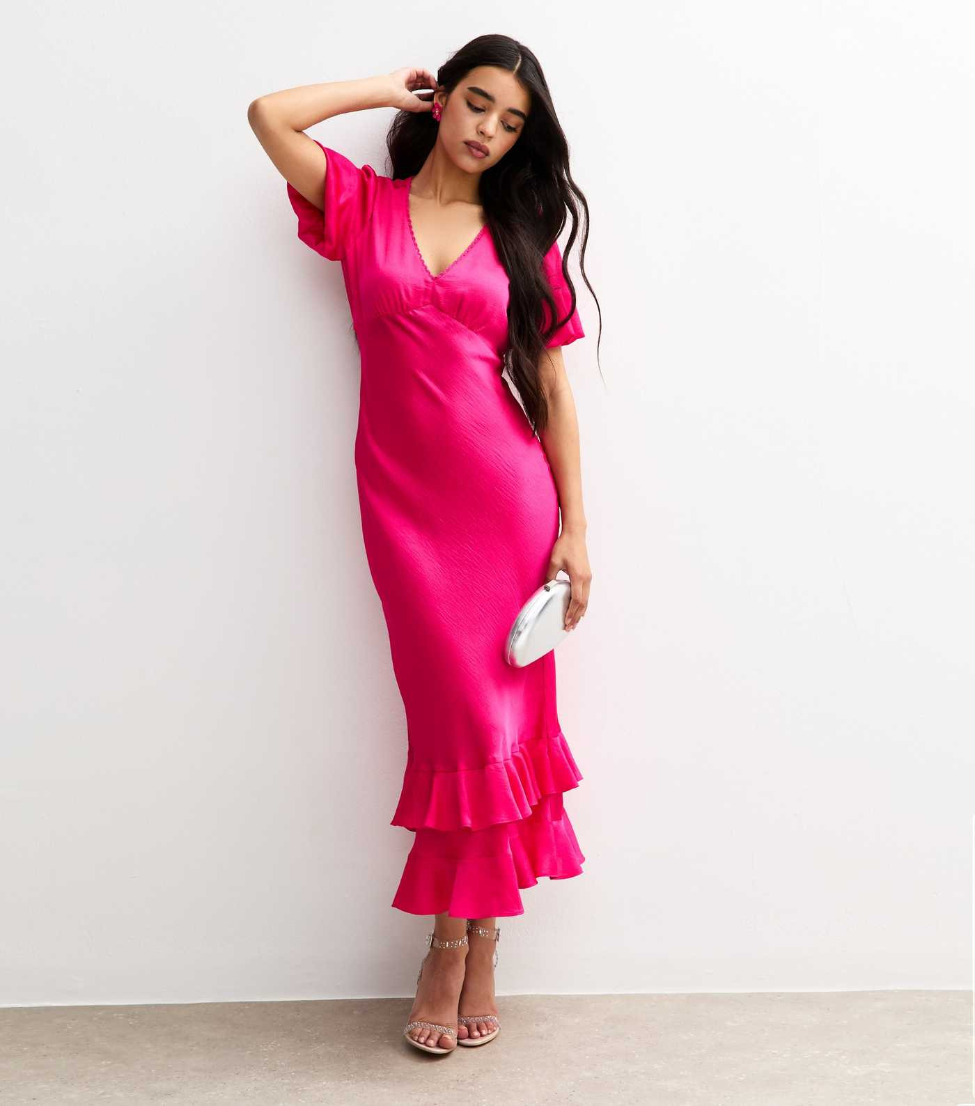 Pink Satin Puff Sleeve Ruffled Midi Dress | New Look | New Look (UK)