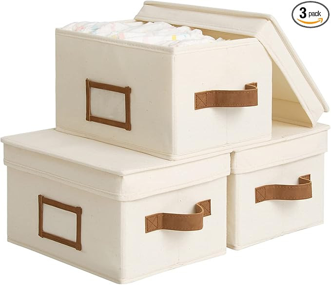 StorageWorks Storage Bins with Lids, Decorative Storage Boxes with Lid and PU Handles, Foldable S... | Amazon (US)