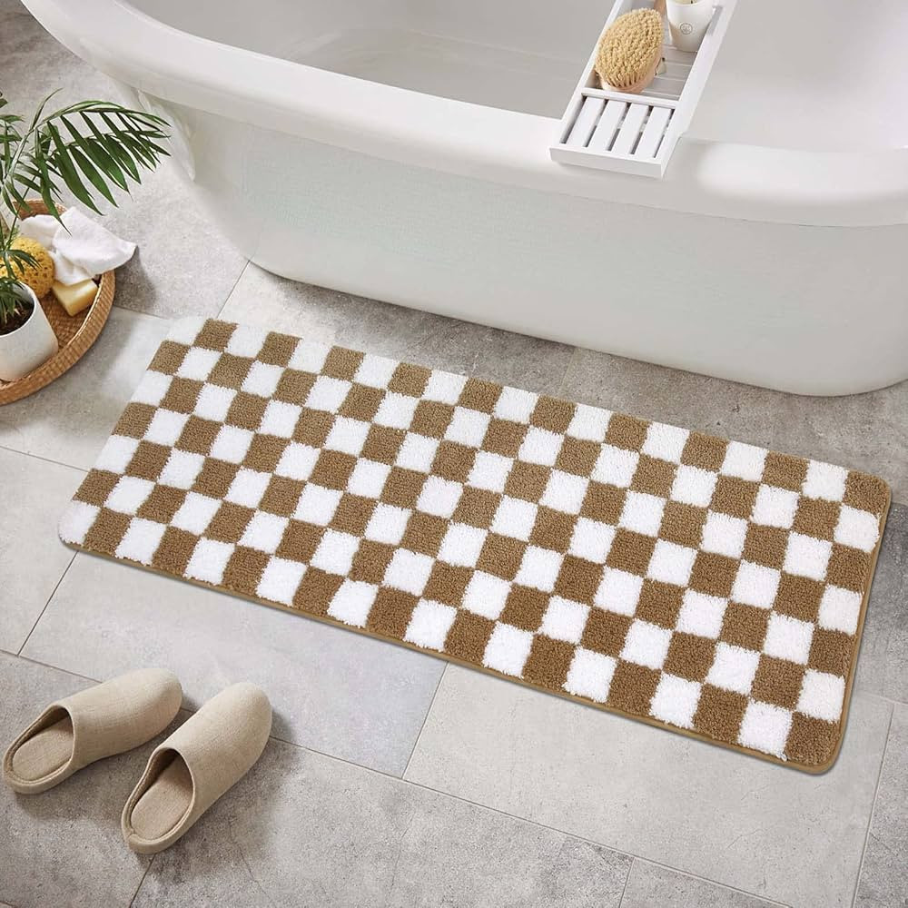 Uphome Bathroom Runner Rug Khaki Checkered Long Bath Mat Non Slip Water Absorbent Bath Rug Soft M... | Amazon (US)