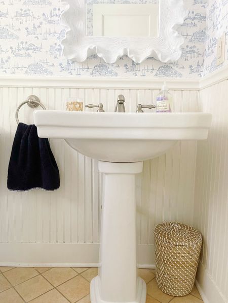 Shop our powder room Serena & Lily wastebasket look for less for now 30% OFF!! 😍🙌🏻 Also linked our toile wallpaper and scalloped mirror! 🤩

#LTKsalealert #LTKhome #LTKfindsunder50