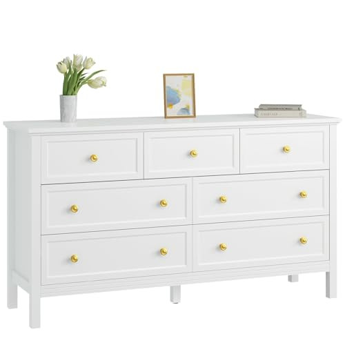 CARPETNAL White Dresser for Bedroom, 7 Drawer Dresser with Wide Drawers and Gold Metal Handles, 5... | Amazon (US)