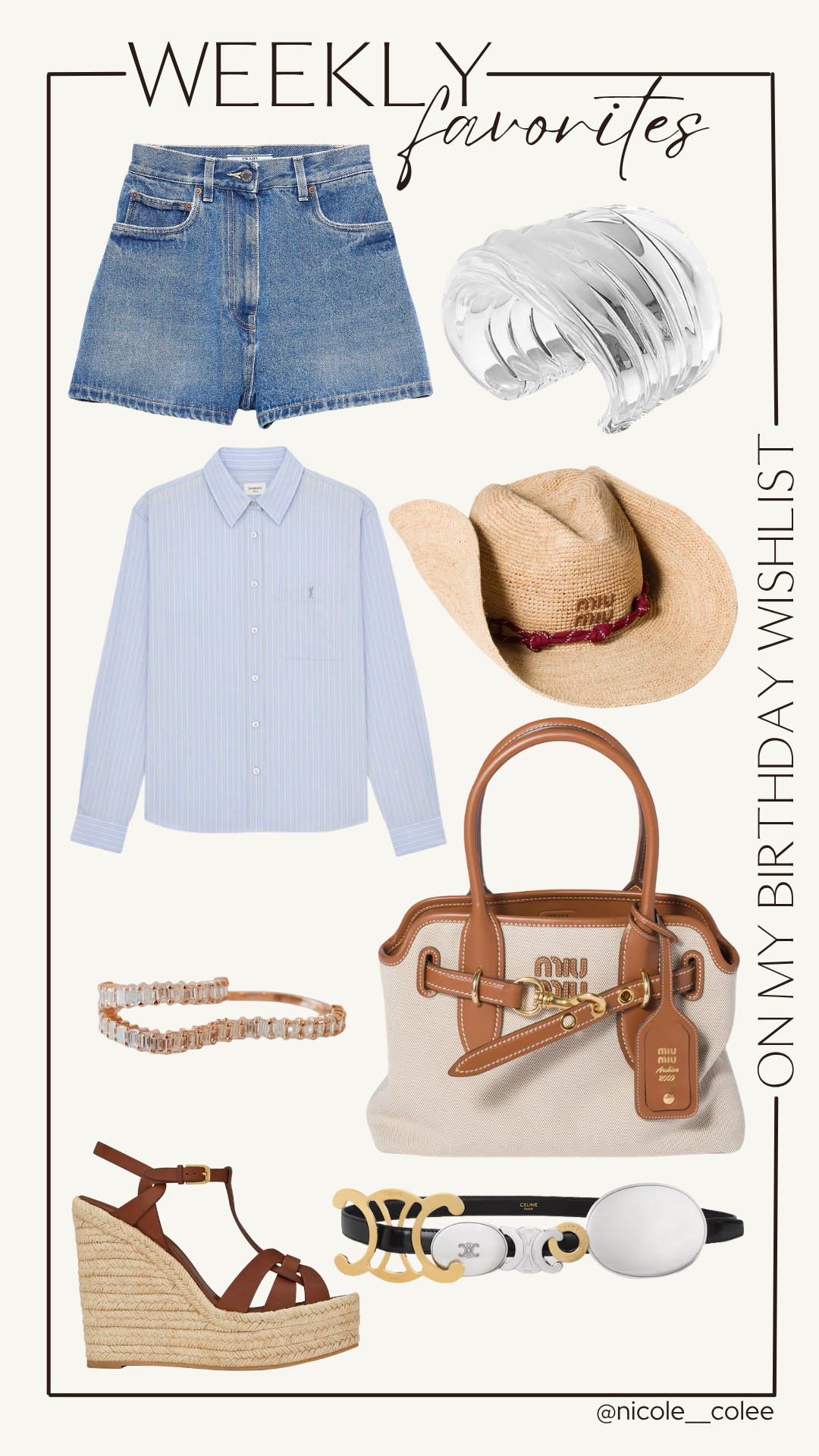 My birthday wishlist is officially giving coastal chic meets quiet luxury. 🤍✨

A few pieces currently living rent-free in my head: the perfect striped button-down, denim shorts I'll wear on repeat, a statement raffia hat, sky-high espadrilles, elevated jewelry, and that dreamy Miu Miu bag I absolutely do not need... but somehow keep thinking about. 😉

Mixing timeless staples with a few fun splurge-worthy finds is always my favorite way to build a wardrobe that feels both current and classic.

Which piece would you steal first? ✨

#LTKStyleTip #LTKLuxury #BirthdayWishlist #SummerStyle #CoastalChic 

 #LTKdayinmylife #LTKgrwm #LTKootd