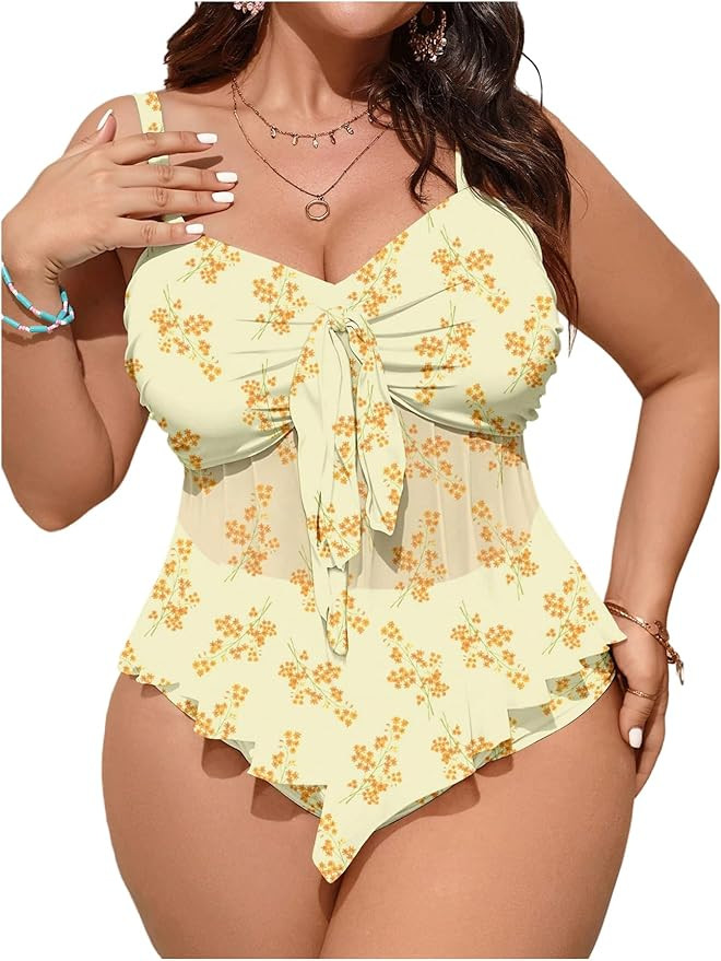 Floerns Women's Plus Size Tankini Set Floral Ruffle Hem Knot Front High Waisted 2 Piece Bathing S... | Amazon (US)