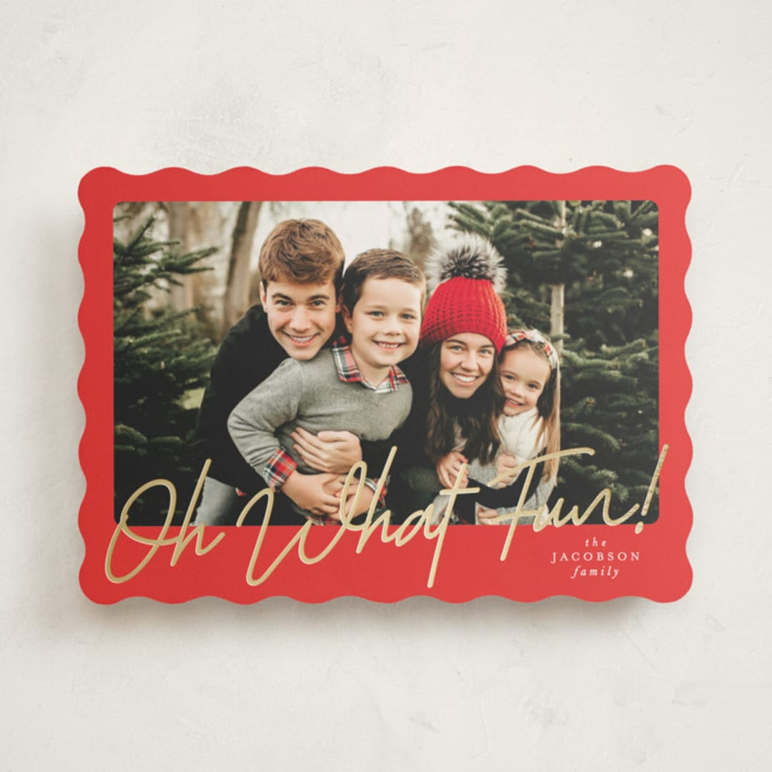 "Oh what fun script" - Customizable Foil-pressed Holiday Cards in Green by Karidy Walker. | Minted