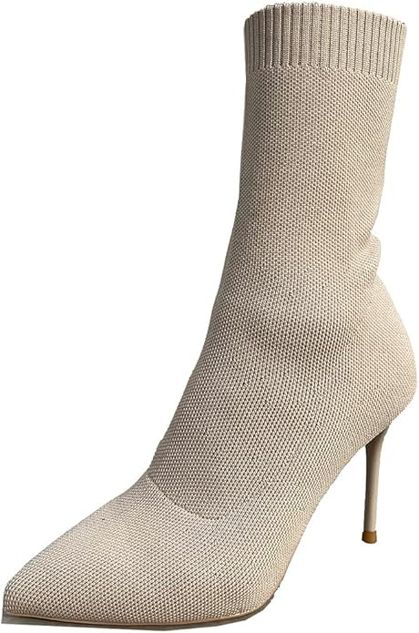 Jeesay Women's Sexy Pointed Toe Sock Ankle Boots Stiletto High Heels Mid Calf Booties Stretch Kni... | Amazon (US)