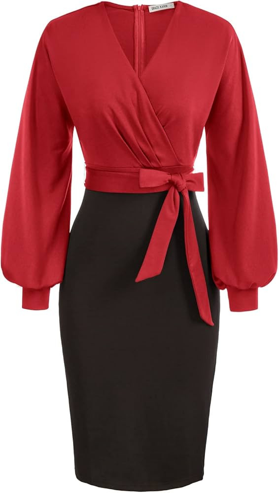 GRACE KARIN Women's Work Pencil Dress Wedding Guest Office Dresses Cocktail Party Long Sleeve | Amazon (US)